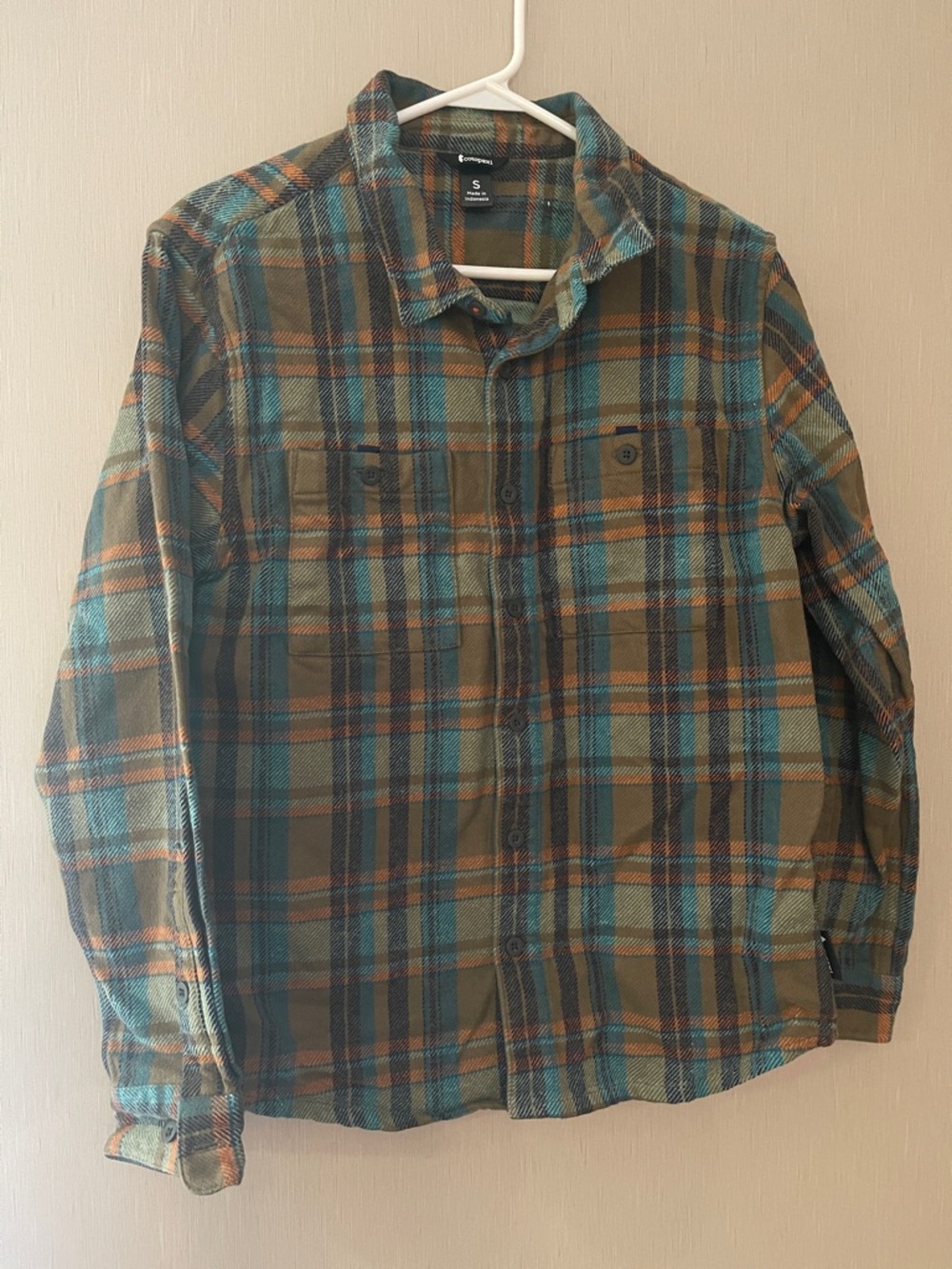 Cotopaxi Button-Front Plaid Flannel Shirt in Teal & Brown pockets small